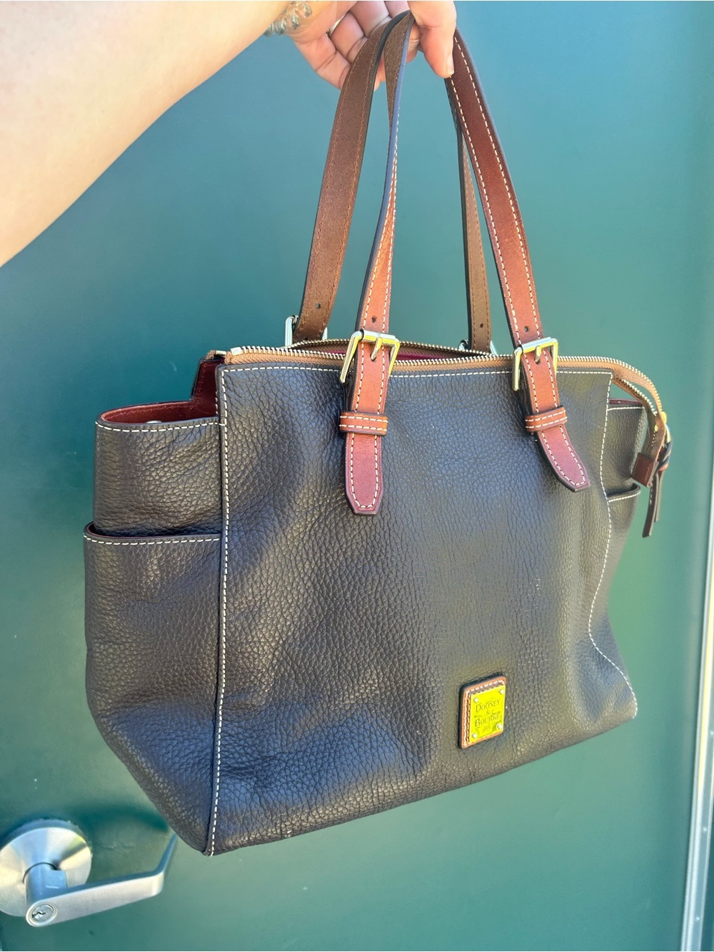 Dooney & Bourke Black Leather Tote with Brown Trim